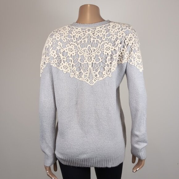 3/$20 Forever 21 Crochet Overlay Sweater Winter Pullover Slouchy Ribbed Grey - Picture 6 of 10